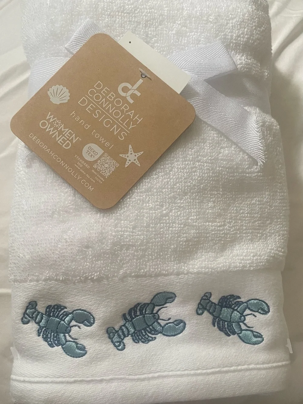 Deborah Connolly Designs White Hand Towel with Blue Lobster Embroidery - NWT